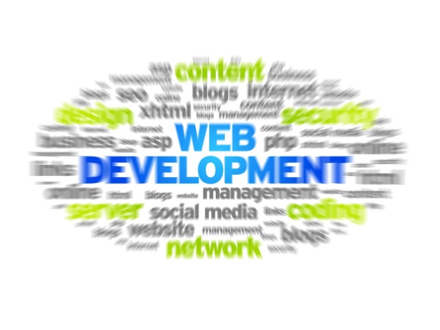 Web Development blurred tag cloud on white background.