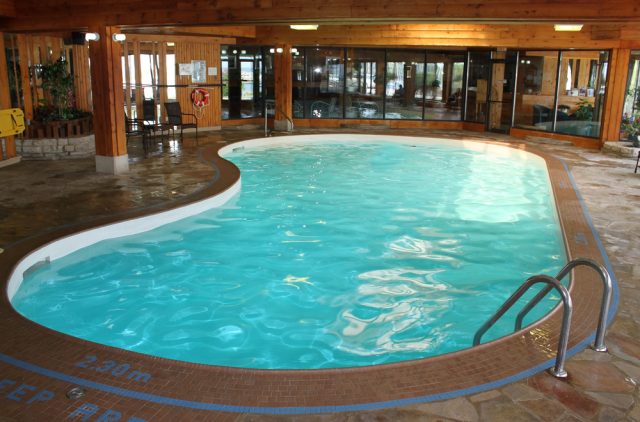 Indoor swimming pool with wood designed walls